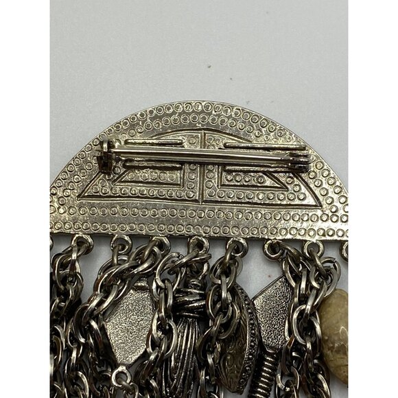 Vintage Silver-Tone Multi-Chain Statement Brooch With Red Beige & White Stone Ac - Picture 8 of 12